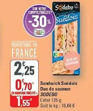 Sandwich Suédois Duo de saumon SODEBO Lettu 135 g Soit le kg : 16,66 €