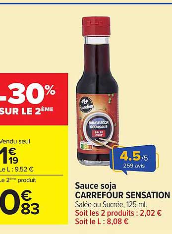 Sauce soja CARREFOUR SENSATION Salée ou Sucrée, 125 ml.