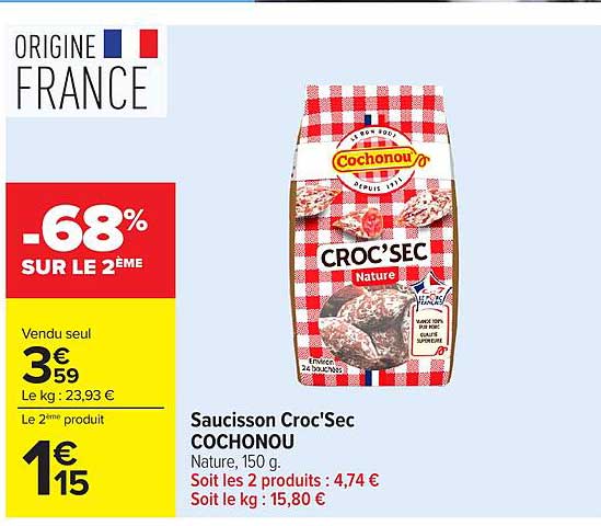 Saucisson Croc’Sec COCHONOU Nature, 150 g
