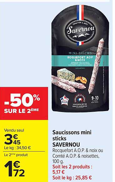 Saucissons mini sticks SAVERNOU Roquefort A.O.P. & noix ou Comté A.O.P. & noisettes, 100 g