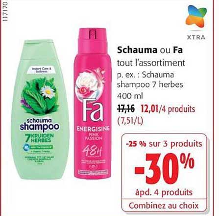 Schauma ou Fa tout l’assortiment p. ex. : Schauma shampoo 7 herbes 400 ml