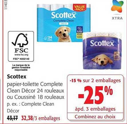 Scottex papier-toilette Complete Clean Décor 24 rouleaux ou Coussin 18 rouleaux p. ex. : Complete Clean Décor