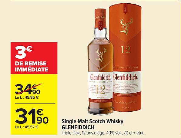 Single Malt Scotch Whisky GLENFIDDICH Triple Oak, 12 ans d'âge, 40% vol., 70 cl + étui.