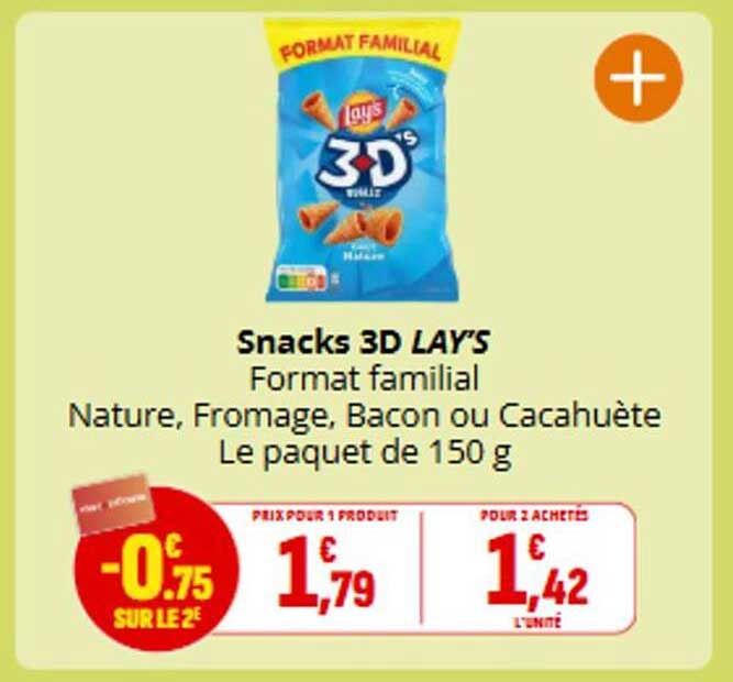 Snacks 3D LAY'S
Format familial
Nature, Fromage, Bacon ou Cacahuète
Le paquet de 150 g
