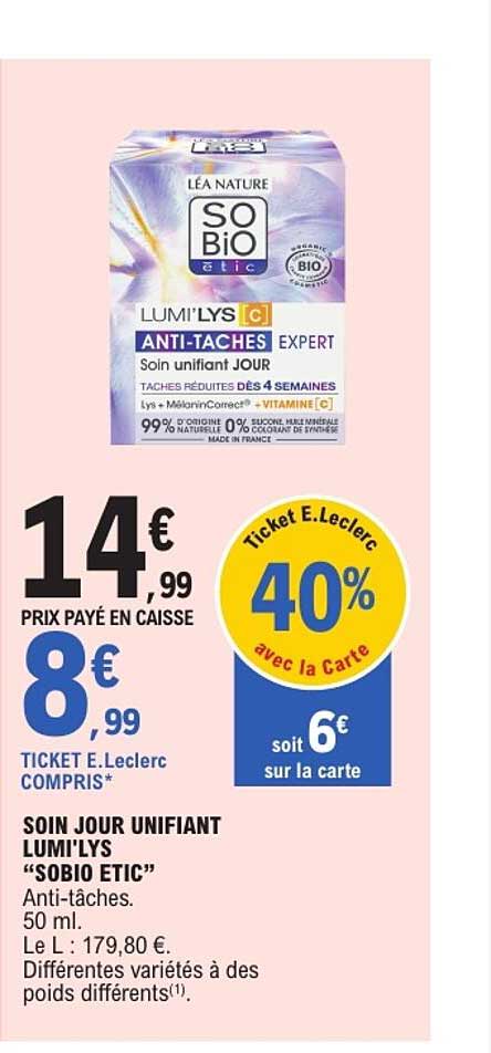SOIN JOUR UNIFIANT LUMI’LYS “SOBIO ETIC” Anti-tâches. 50 ml.