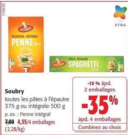 Soubry toutes les pâtes à l'épeautre 375 g ou intégrale 500 g