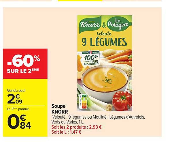 Soupe KNORR Velouté : 9 légumes ou Mouliné : Légumes d'Autrefois, Verts ou Variés, 1L
