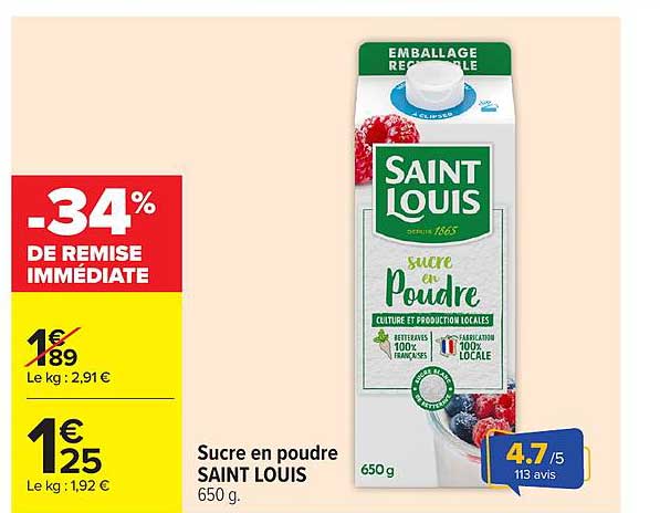 Sucre en poudre SAINT LOUIS 650 g