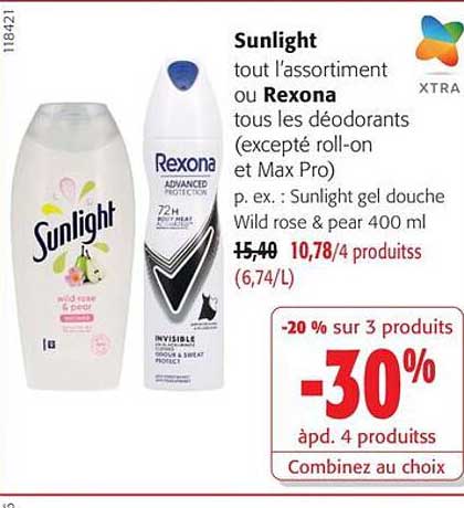 Sunlight tout l'assortiment ou Rexona tous les déodorants (excepté roll-on et Max Pro)