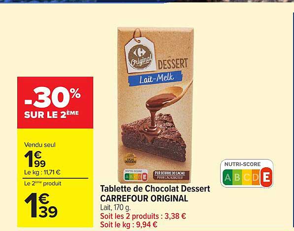 Tablette de Chocolat Dessert CARREFOUR ORIGINAL