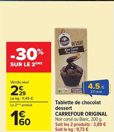 Tablette de chocolat dessert CARREFOUR ORIGINAL Noir corsé ou blanc, 200 g