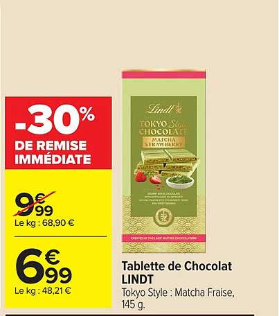 Tablette de Chocolat LINDT Tokyo Style : Matcha Fraise, 145 g.