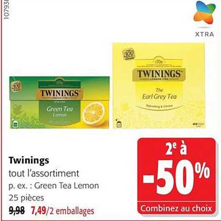 Twinings tout l'assortiment p. ex. : Green Tea Lemon 25 pièces