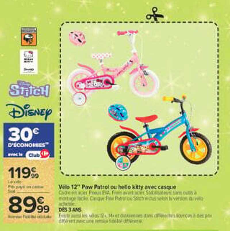 Vélo 12" Paw Patrol ou Hello Kitty avec casque
