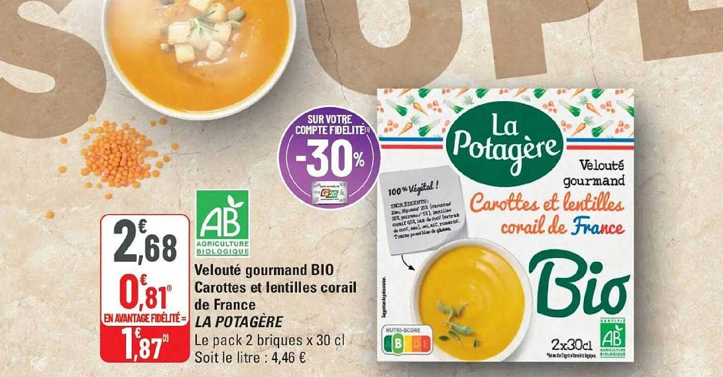Velouté gourmand BIO Carottes et lentilles corail de France LA POTAGÈRE