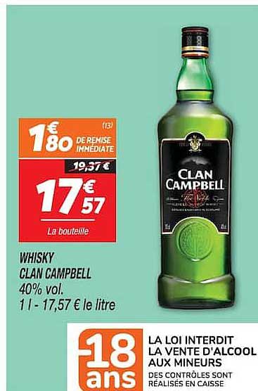 WHISKY CLAN CAMPBELL 40% vol 1 l - 17,57 € le litre