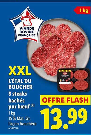 XXL L'ÉTAL DU BOUCHER 8 steaks hachés pur bœuf 1 kg 15 % Mat. Gr. Façon bouchère