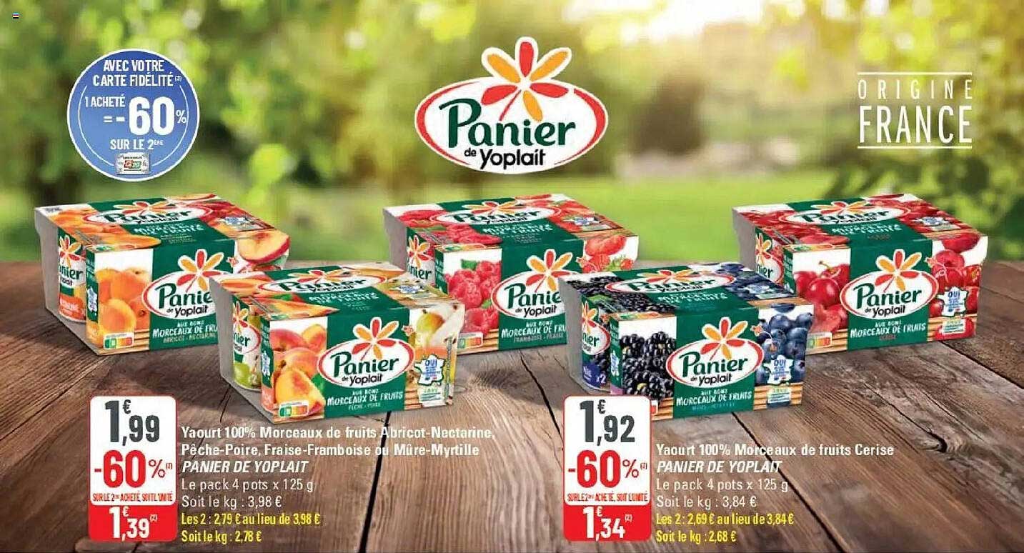 Yaourt 100% Morceaux de fruits Abricot, Nectarine, Pêche-Poire, Fraise-Framboise ou Mûre-Mytille PANIER DE YOPLAIT