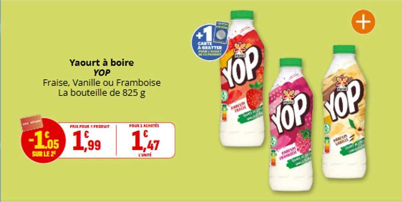 Yaourt à boire YOP Fraise, Vanille ou Framboise La bouteille de 825 g