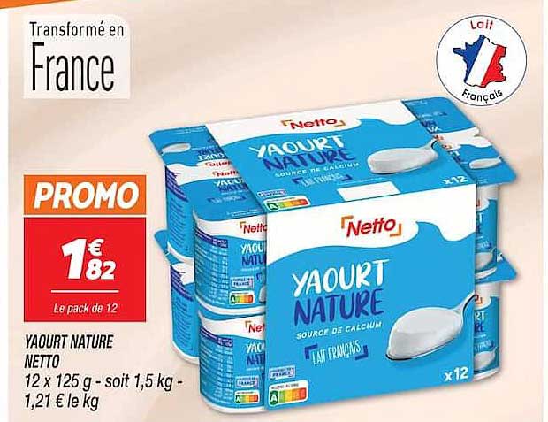 YAOURT NATURE NETTO 12 x 125 g - soit 1,5 kg - 1,21 € le kg