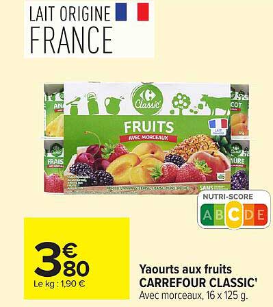 Yaourts aux fruits CARREFOUR CLASSIC' Avec morceaux, 16 x 125 g
