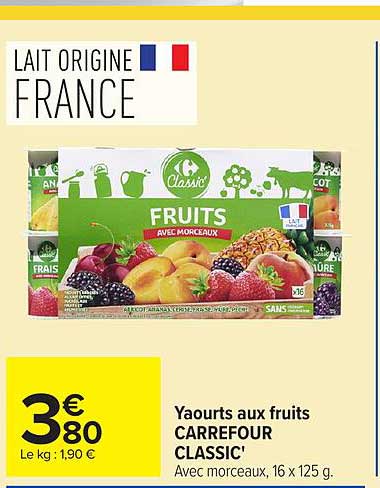 Yaourts aux fruits CARREFOUR CLASSIC' Avec morceaux, 16 x 125 g.