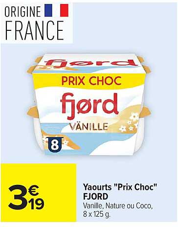Yaourts "Prix Choc" FJORD Vanille, Nature ou Coco, 8 x 125 g.