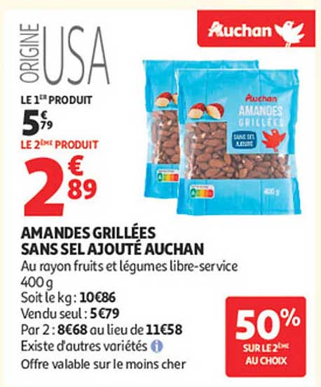 AMANDES GRILLÉES SANS SEL AJOUTÉ AUCHAN