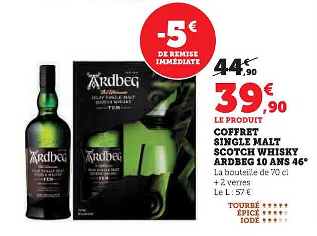 COFFRET SINGLE MALT SCOTCH WHISKY ARDBEG 10 ANS 46°