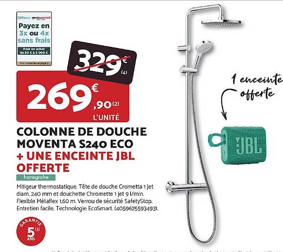 COLONNE DE DOUCHE MOVENTA S240 ECO + UNE ENCEINTE JBL OFFERTE