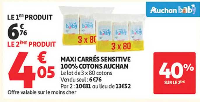 MAXI CARRÉS SENSITIVE 100% COTONS AUCHAN