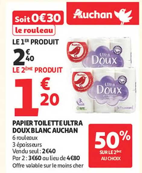 PAPIER TOILETTE ULTRA DOUX BLANC AUCHAN