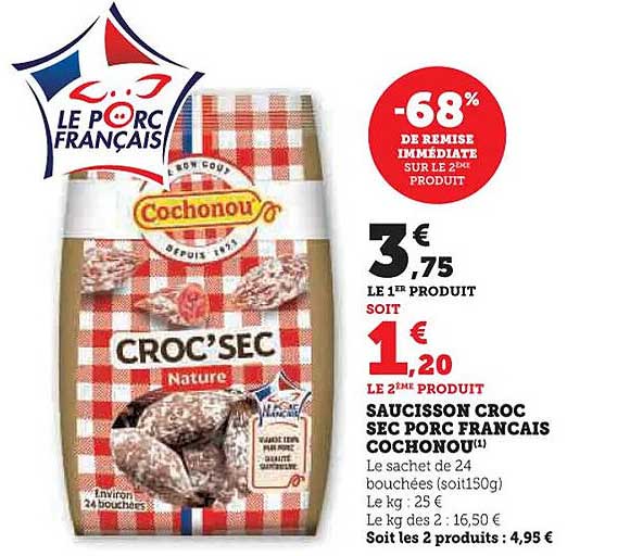 SAUCISSON CROC SEC PORC FRANCAIS COCHONOU