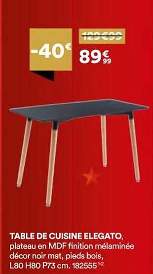 TABLE DE CUISINE ELEGATO, plateau en MDF finition mélaminée décor noir mat, pieds bois, L80 H80 P73 cm. 182555