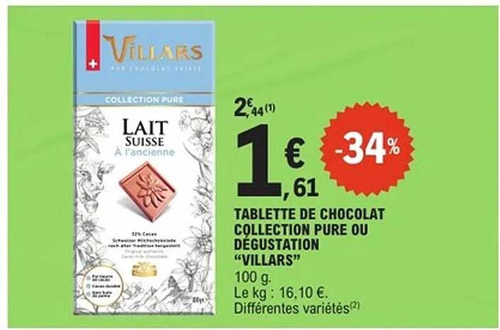 TABLETTE DE CHOCOLAT COLLECTION PURE OU DÉGUSTATION “VILLARS”