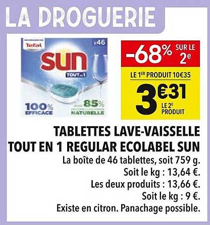 TABLETTES LAVE-VAISSELLE TOUT EN 1 REGULAR ECOLABEL SUN