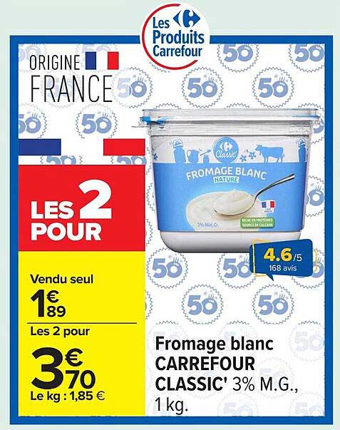 Fromage blanc CARREFOUR CLASSIC' 3% M.G., 1 kg.