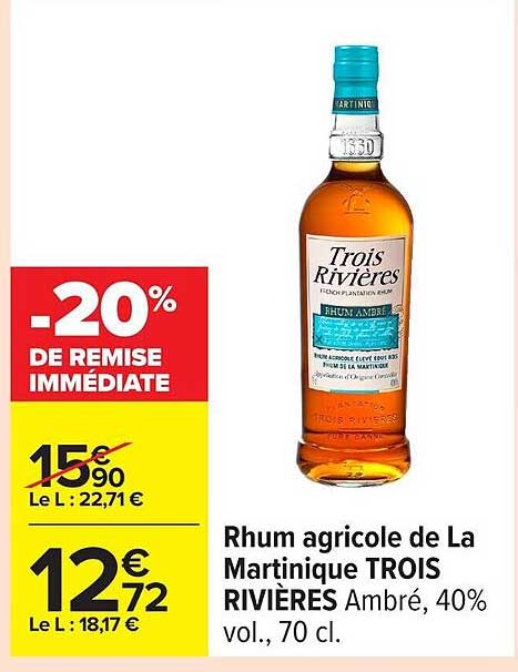 Rhum agricole de La Martinique TROIS RIVIÈRES Ambré, 40% vol., 70 cl.
