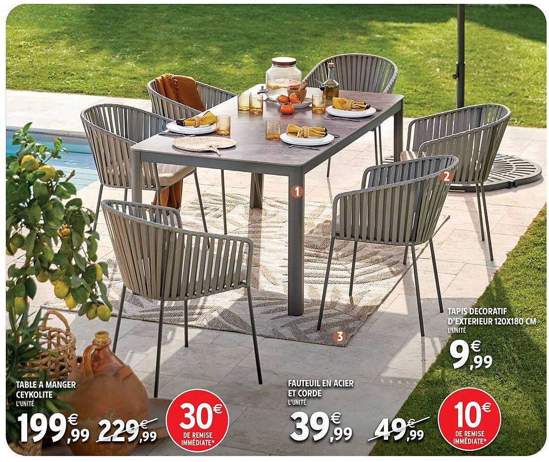 TABLE A MANGER CEYKOLITE  
FAUTEUIL EN ACIER ET CORDES  
TAPIS DÉCORATIF D'EXTÉRIEUR 120X180 CM  