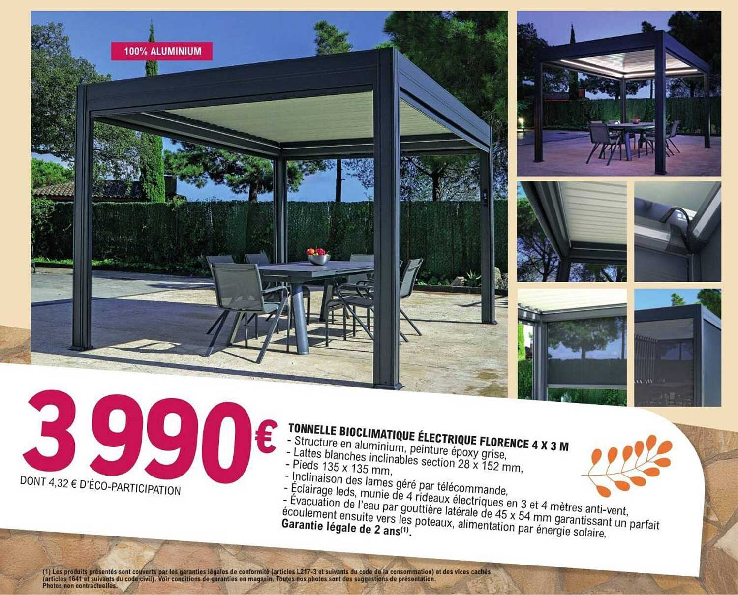 TONNELLE BIOCLIMATIQUE ÉLECTRIQUE FLORENCE 4 X 3 M