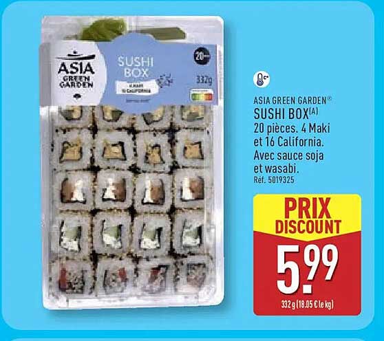 ASIA GREEN GARDEN® SUSHI BOX [A] 20 pièces. 4 Maki et 16 California. Avec sauce soja et wasabi.