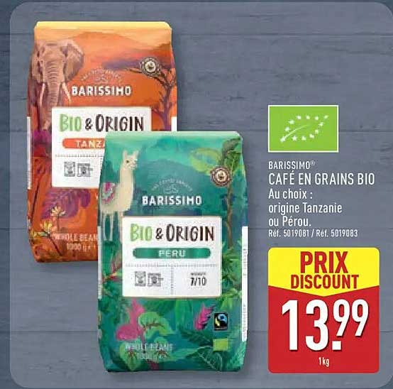 BARISSIMO® CAFÉ EN GRAINS BIO Au choix : origine Tanzanie ou Pérou.