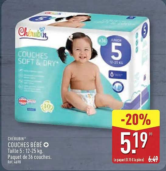 CHÉRUBIN Couches bébé Taille 5 : 12-25 kg. Paquet de 36 couches.