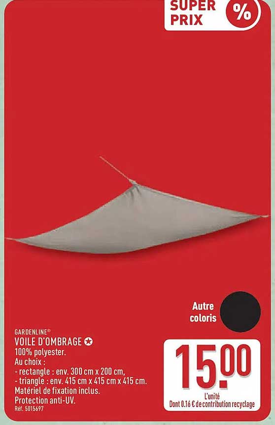 GARDENLINE VOILE D’OMBRAGE 100% polyester. Au choix : - rectangle : env. 300 cm x 200 cm, - triangle : env. 415 cm x 415 cm x 415 cm. Matériel de fixation inclus. Protection anti-UV.