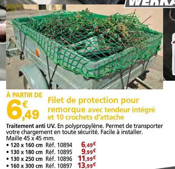 Filet de protection pour remorque avec tendeur intégré et 10 crochets d'attache