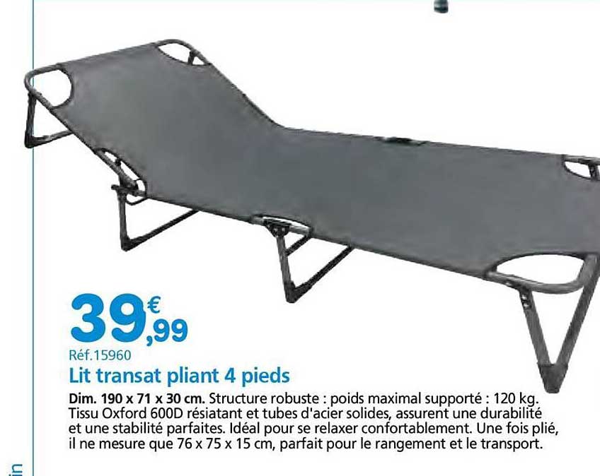 Lit transat pliant 4 pieds