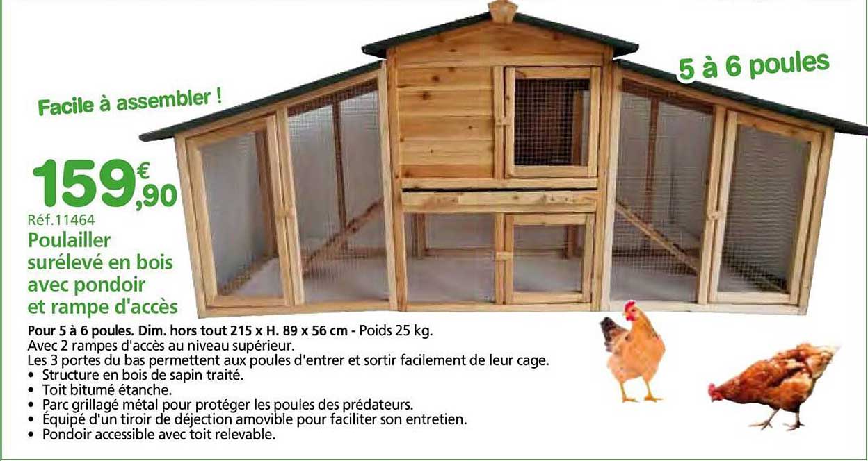 Poulailler surélevé en bois avec pondoir et rampe d'accès