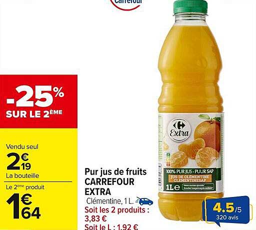 Pur jus de fruits CARREFOUR EXTRA Clémentine, 1L
