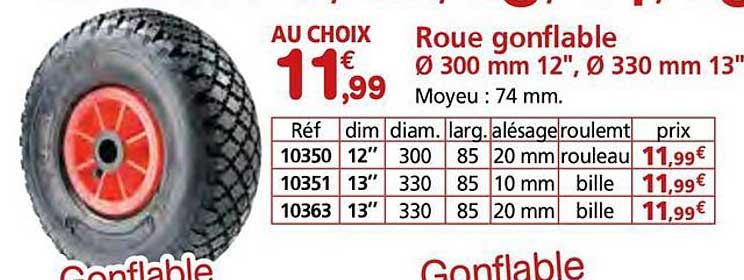 Roue gonflable Ø 300 mm 12'', Ø 330 mm 13''