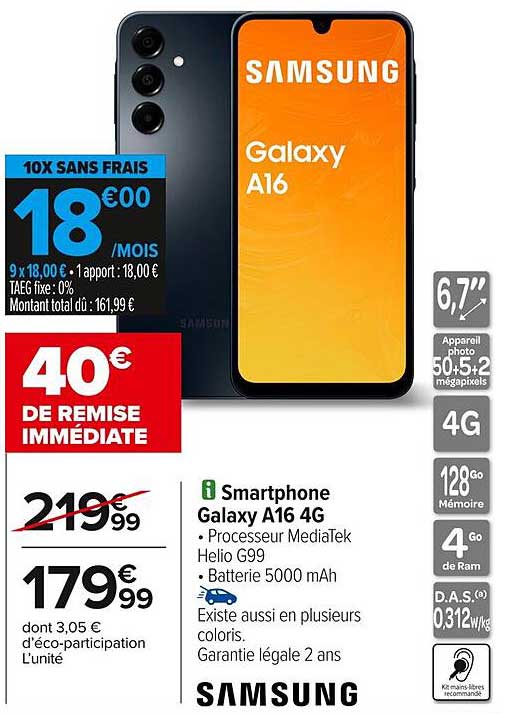 Samsung Galaxy A16 4G avec 40€ de remise immédiate